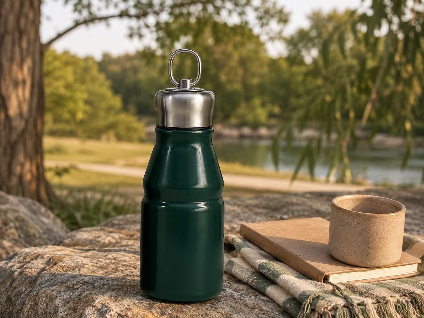 Forest Green KENSYDE tumbler resting beside a park lake