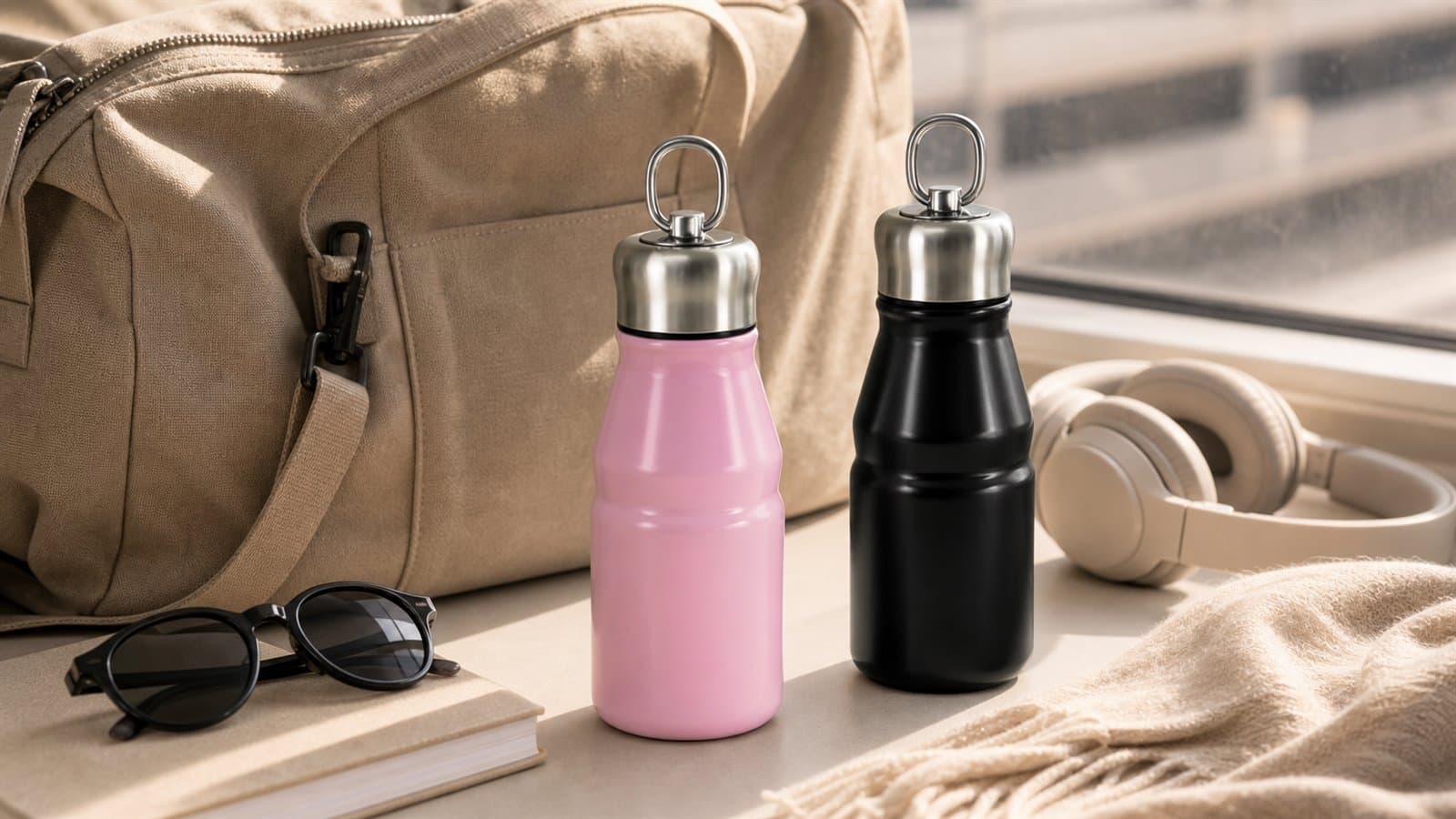 KENSYDE 12oz Ring Handle Tumbler in a warm travel setup with bag and accessories